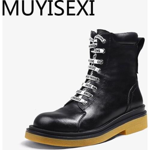 4.5cm thick med heel natural leather cross-tied lace up side zip convenient round toe young girls work ankle boot HL277 MUYISEXI