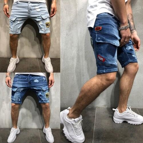 British style Mens Holes Denim Shorts Men Knee Length Short Multi-Pocket Jeans New Male Straight Denim Shorts Overall Shorts