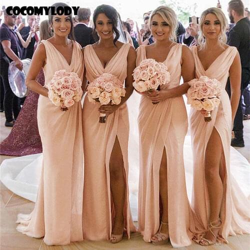 Cocomylody 2021Simple Wedding party dress Bridesmaid Dresses Long Pleat V-Neck Front Slit Chiffon Dress for Women