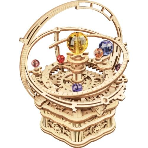 Robotime 84pcs Wooden Puzzle 3D Rotatable Orrery Music Box Assembly Toy Kit Handmade Diy Building Model Gift for Children Adult