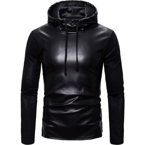 Men Artificial Leather Cotton Patchwork Hoodies Fashion Casual Black Pullover Sport Top Plus Size 205