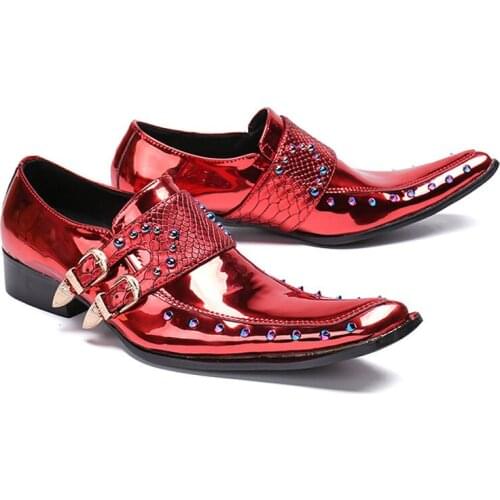 Italy 2020 New Runway Men Genuine Leather Wedding Dress Shoes Rivet Beading Derby Shoes Buckle Slip On Formal Square Toe Zapatos