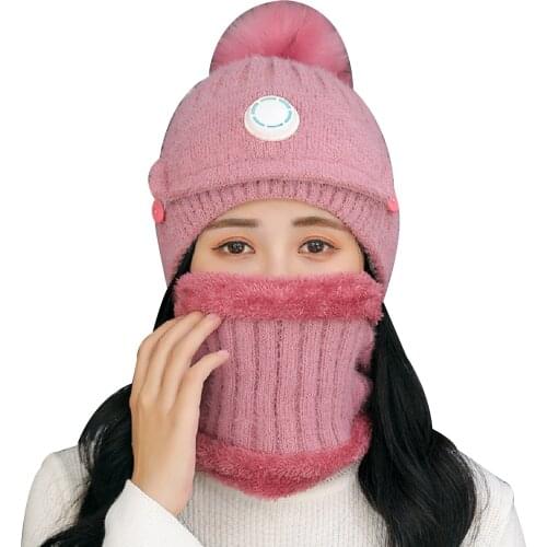 Three-Piece Hat Scarf Mask Set, Solid Color Knitted Cap+ Neckerchief+ Mask with Breather Valve for Women