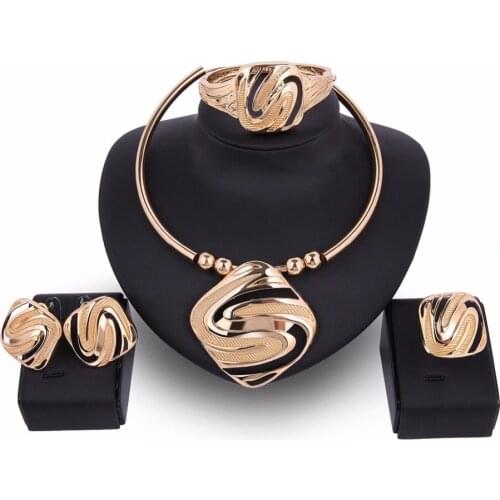 OUHE Statement Fashion Gold color African Jewelry Set Choker Necklace Earrings Ring Set For Women Wedding Bridal