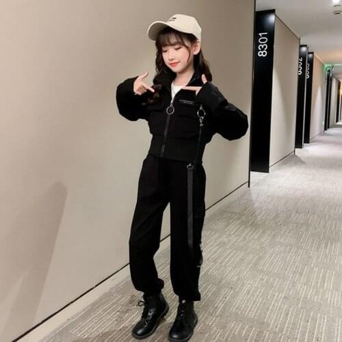 2021 New Children Clothes Autumn Teens Girls Kids Sets Hip-hop Dancers Suits Short Hoodies Cargo Pants Set 10 12 14 Years Girl