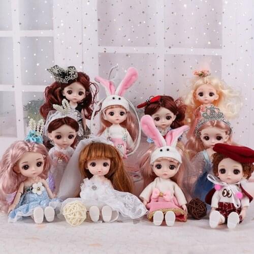 Mini 16cm Cute Bjd Doll with 13 Joints Removable 1/12 Fashionable Small Top Pants Dress Suit Doll 3D Eyes Girl Dress Up Toy Gift