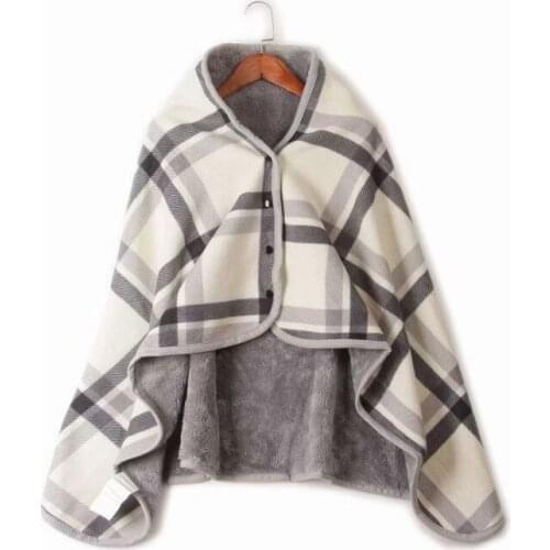 Multipurpose Wearable Plaid Fleece Polyester Blanket With Button Winter Warm Throw On Sofa Bedroom Travel Cloak Blanket 135*80cm