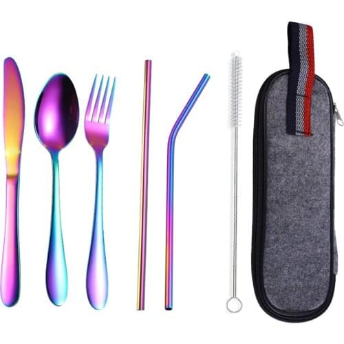 7 Pcs 304 Stainless Steel Dinnerware Set Straw Knife Spoon and Fork Set with Storage Bag tableware Cutlery Kitchen Accessories