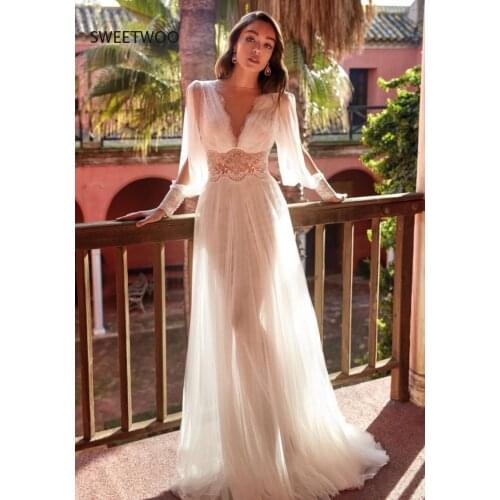 2021 Summer New White Long-Sleeved Wedding Dress Long V-Neck Lace Mesh Long Skirt Dress