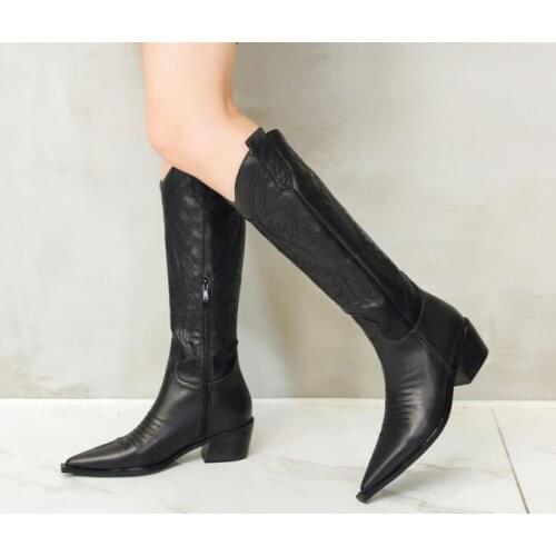 New Winter Woman Genuine Leather Knee High Black White Thick Heels Pointed Toe Western Cowboy Long Knight Boots Plus Size 43