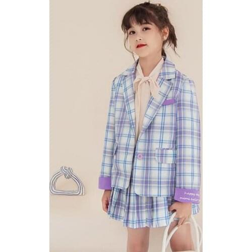 Autumn Spring Fashion Plaid Jackets And Skirts Outfits Suits For Girls 2 Piece Clothing Sets Kid Children School Uniform Clothes