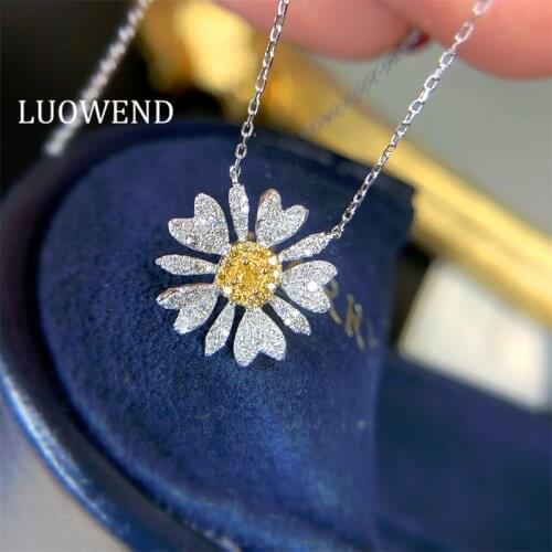 LUOWEND 100% 18K White Gold Necklace Real Yellow Diamond Pendant Chrysanthemum Desgin for Women Wedding Birthday Gift
