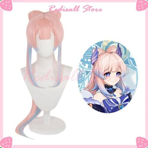 Genshin Impact Kokomi Cosplay Wig Bow Ponytail 90cm Long Straight Hair Mixed Pink Blue Heat Resistant Synthetic Game Role Play