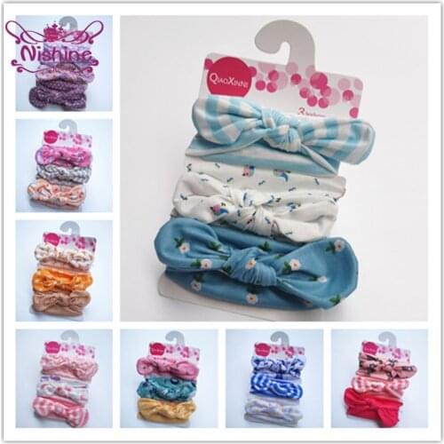 Nishine 3pcs/lot Newborn Baby Girl Printted Floral Rabbit Ears Headband Infant Dot Stripe Hair Band Kids Headwear Birthday Set