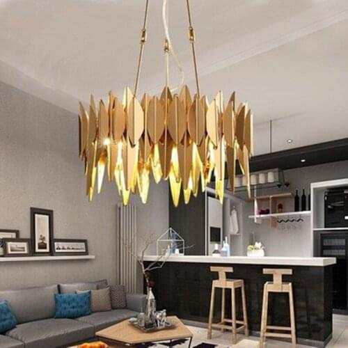 Luxury Plate Gold Leaf Shape Metal Lustre Circle Led Pendant Lights Adjustable Rod Hanging Lamp Living Room Lighting Fixtures