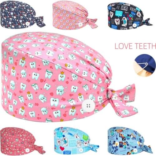 Cute Teeth Scrubs Cap Cotton Nursing Hats Spa Salon Chef Lab Dentist Clinic Scrub Hat Unisex Cartoon Anime Print Surgicals Caps