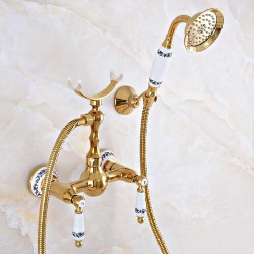 Modern Polished Gold Color Brass Wall Mount Bathtub Faucet with Handheld Shower Set +1.5M Hose Mixer Tap 2na928
