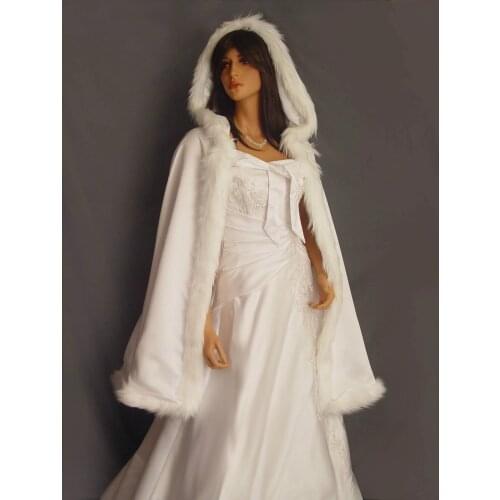 Wedding Cloak White Medium Length Fur Trim Satin Cloak Cape Shawl with Hats Ivory Wedding Boleros For Wedding Accessories 2021