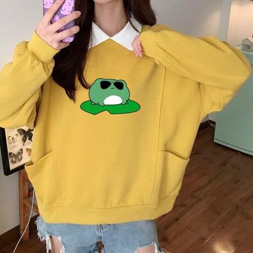90s Aesthetic Cute Frog Print Sweatshirt for Teen Girls Cotton Harajuku Hoodie with Pocket Fashion Streetwear Pink Kpop Clothes