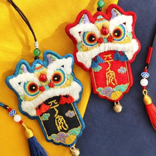 Dancing Lion Keychain DIY Embroidery Handmade Couples Cartoon Lucky Cat Amulet Cross Stitch Pendant Protective Talisman Brelok