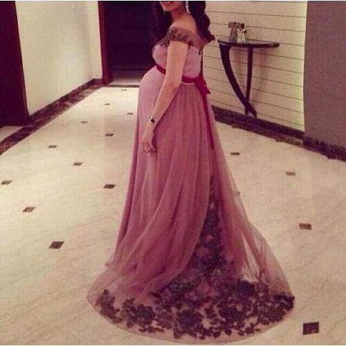 Maternity Evening Dresses Long Formal Black Appliques Ribbon Sash Sweep Lace Beaded Formal Prom Gowns ZY4558