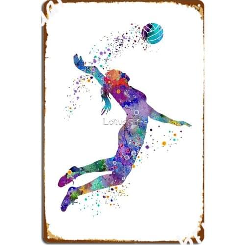 Volleyball Girl Watercolor Painting Art Print Sports Metal Sign Cinema Garage Wall Decor Cave Pub Custom Tin Sign Posters