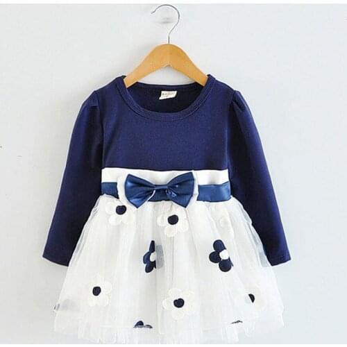 #VW Toddler Baby Girls Dresses O-Neck Long Sleeve Tulle Patchwork Dress Flower Print Bow Cute Mini Dresses vestidos de verano