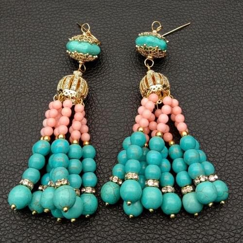 YYGEM fashion round Pink Coral Green Turquoise Tassel cubic zirconia mirco pave Hook Earrings ethnic style dangle earrings
