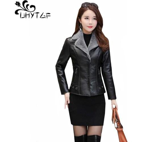 UHYTGF Winter leather jacket women Fashion plus velvet PU leather short coat Korean wild thick warm leather jacket women 3XL 208