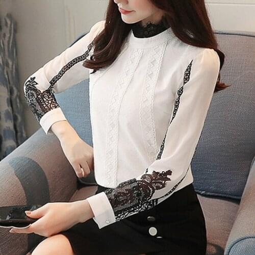 Do camisas Mulheres Elegantes manga comprida Impresso Tops Coreano moda de manga comprida Patchwork de renda Chiffon blusa