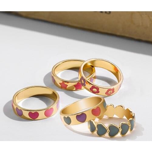 Aesthetic Colorful Enamel Heart Star Flower Shaped Gold Ring Set for Women Cute Fashion Stacking Finger Rings Jewelry Gift