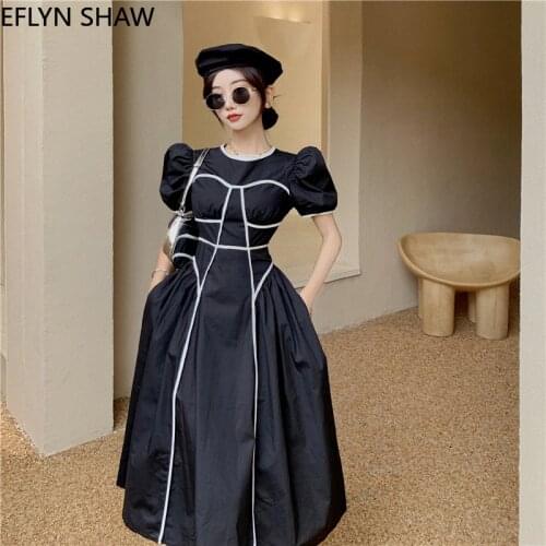 Retro Design White Dress Women High-end Bright Line Banquet High Waist Puff Sleeve Round Neck Dress Harajuku Black A Line Dress