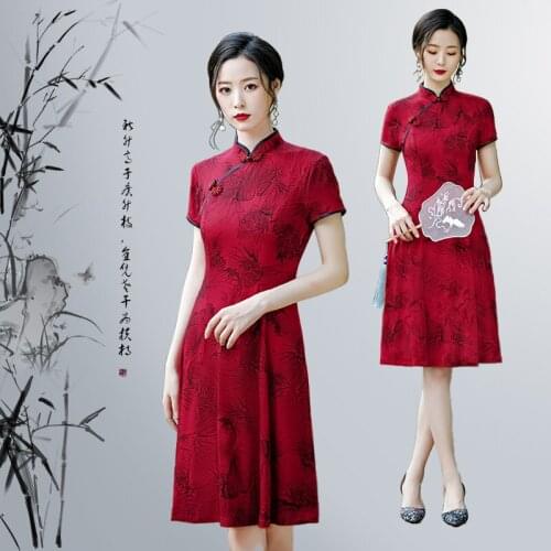 Women Dress Cheongsam Vintage Chinese Style Floral Print Red Beige Black Short Sleeve Long A-line Plus Size Vestidos Robe 3597