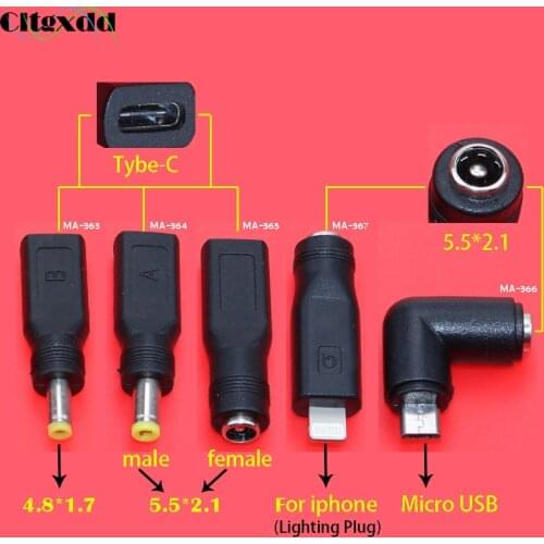 1pcs DC 5.5 * 2.1 mm Type-C female to 5.5X2.1 / 4.8 * 1.7 mm Micro USB For iphone male plug For Laptop PC DC Power Adapter