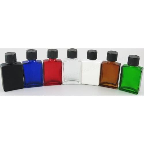 200 x 30ml 1oz Flat Square Black white clear red blue green Glass Bottle With White Black Childproof Cap and Pe Seal
