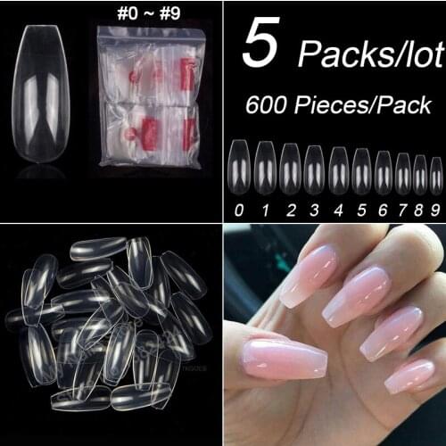 5 Packs/Lot 600 Pieces/Pack Long Ballerina False Nail Tips 10 Sizes Acrylic Nails Coffin Full Cover Nail DIY Nail Extension