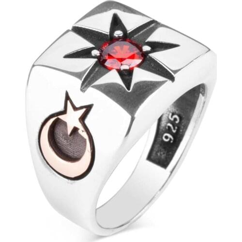 925 Sterling Silver Red Stone Ring with Pole Star and Crescent Figures Mens Ring Zirconia Ring for Men