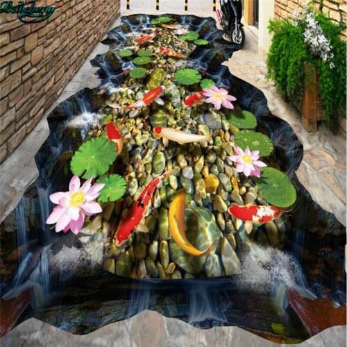 Beibehang Large custom flooring carp lotus flower waterfall waterfall 3D stereo painting floor fine decoration