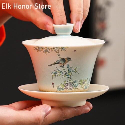 150ml Kiln Hand-painted Sancai Covered Bowl Single Tea Bowl Household Medium Tea Maker With Cover Ceramic Tea Set Tea Bowl