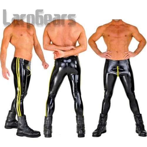 Black with Yellow Latex Tight Trousers Front Zipper High Quatilty Latex Rubber Leggings Long Panties For Men NO socks