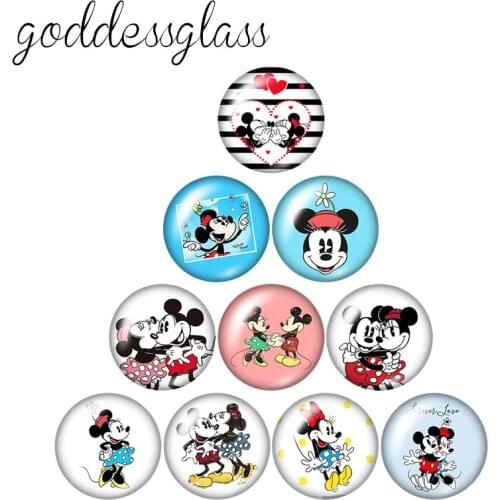 Disney Mickey Minnie Mouse Love Couple 10pcs 12mm/18mm/20mm/25mm Round photo glass cabochon flat back Necklace Making findings