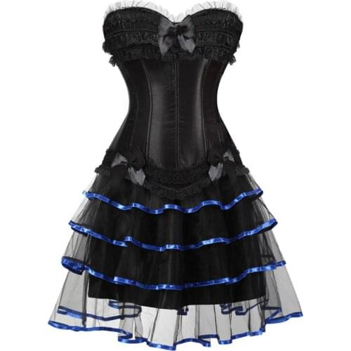 Corset Bustiers Top Dress Plus Size Zipper Tutu Skirt Set Lace up Corselet Overbust Lingerie Gothic Victorian Costume Sexy Black