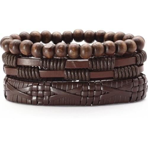 3 Pcs/set Handmade Weave Black Brown Genuine Leather Bracelets Men Women Bangles Wood Beads Homme Gift Jewelry Freely Shipping