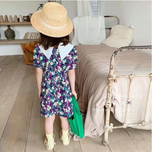 2021 New Summer Girls Skirt Swallow Tail Collar Abstract Flower Princess Dress