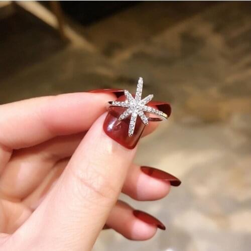New Female Fashion Sweet Snowflake Silver Jewelry Personality Crystal Snowflake Flower Six-pointed star Resizable Opening Rings