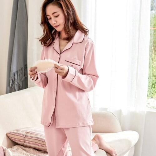 Spring Autumn New Cotton Womens Pajamas Set New Cardigan Lapel Nightgown Simple Long Sleeve Nightwear Home Wear Sleepwear