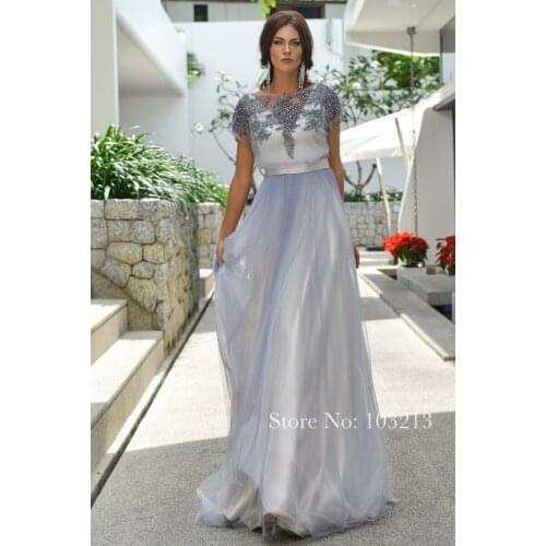 Luxury Dubai Gray Short Sleeve Evening Dresses Muslim Women Overskirt Beading Arabic Formal Party Dress for Wedding Prom Gowns