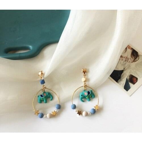Beads Star Girls Pearls Clip Earrings Cute Elephant Cartoon Statement Earrings