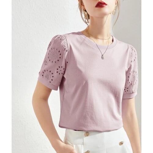 Lantern Sleeve Short Floral T Shirt Women Hollow Out 2021 Summer Tops Casual Woman Korean Style Clothes T-shirt Tee Shirt Femme