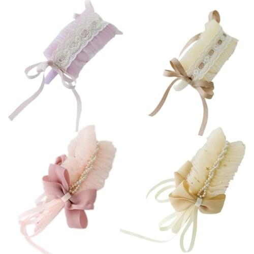 Ruffle Lace Headbands for Women Ribbon Headband Cute Novelty Headwear with Bowknot Pearl Maid Cosplay Party Props